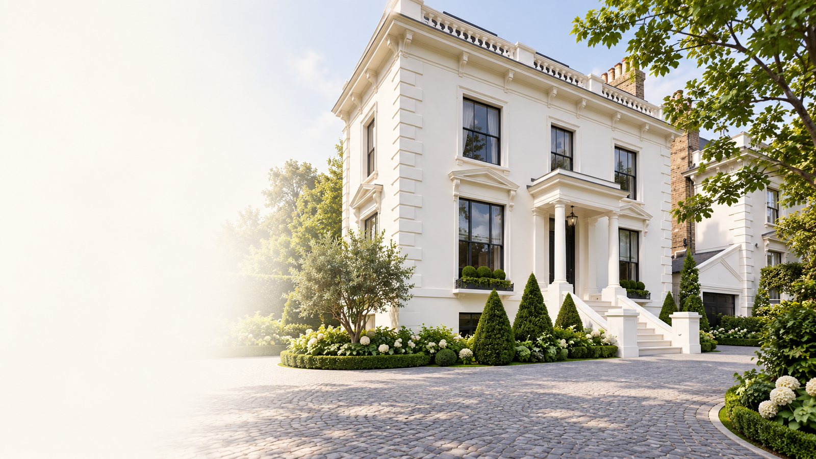 3D architectural visualisation of a white-stucco London villa with an intact stone driveway and landscaped front garden.