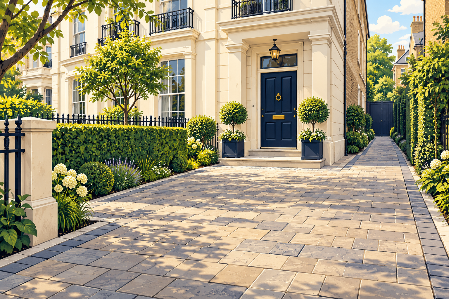 Illustration of a private London home's stone-paved driveway and narrow side path.